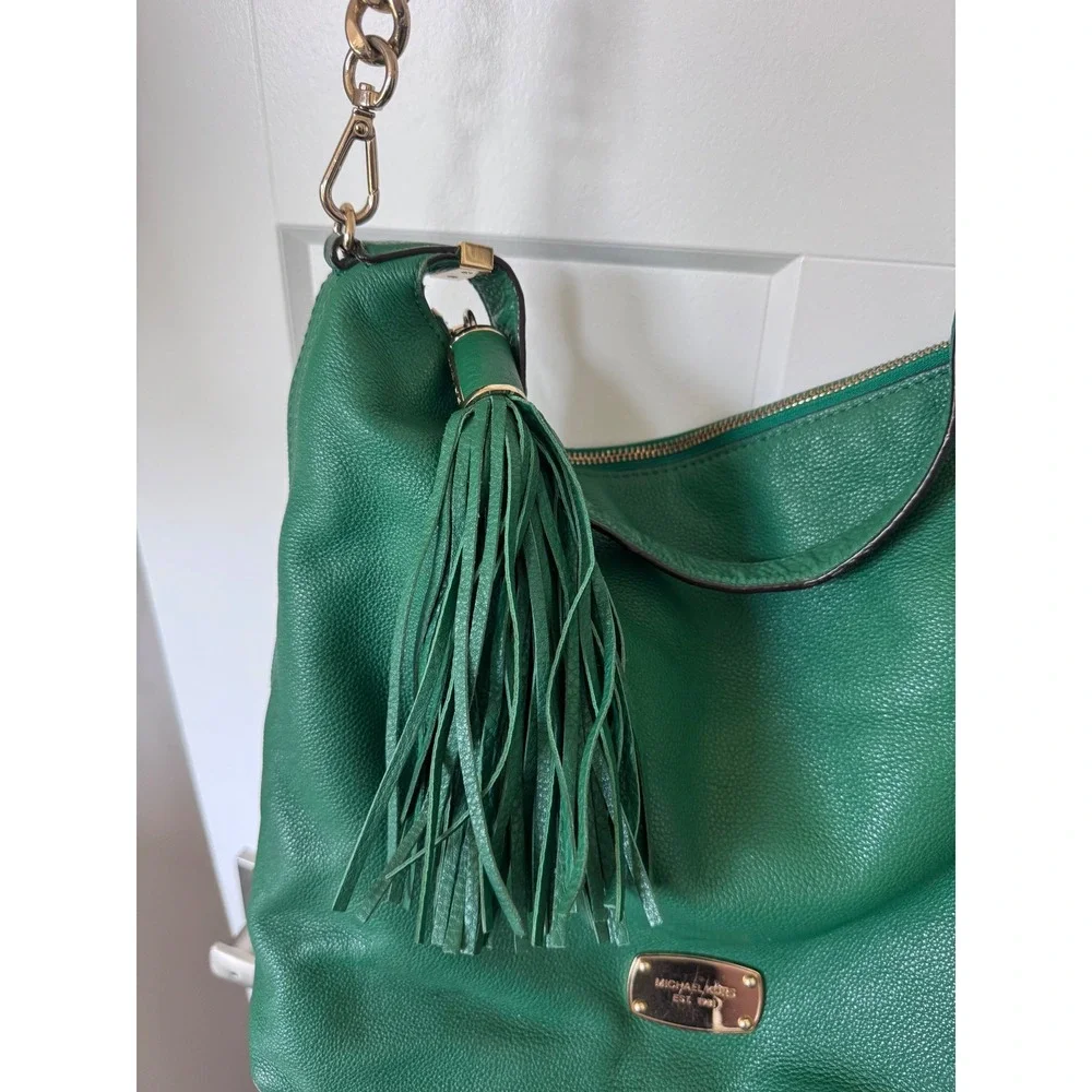 Michael Kors Green Pebbled Leather Hobo Bag Gold Chain Tassel Shoulder Bag